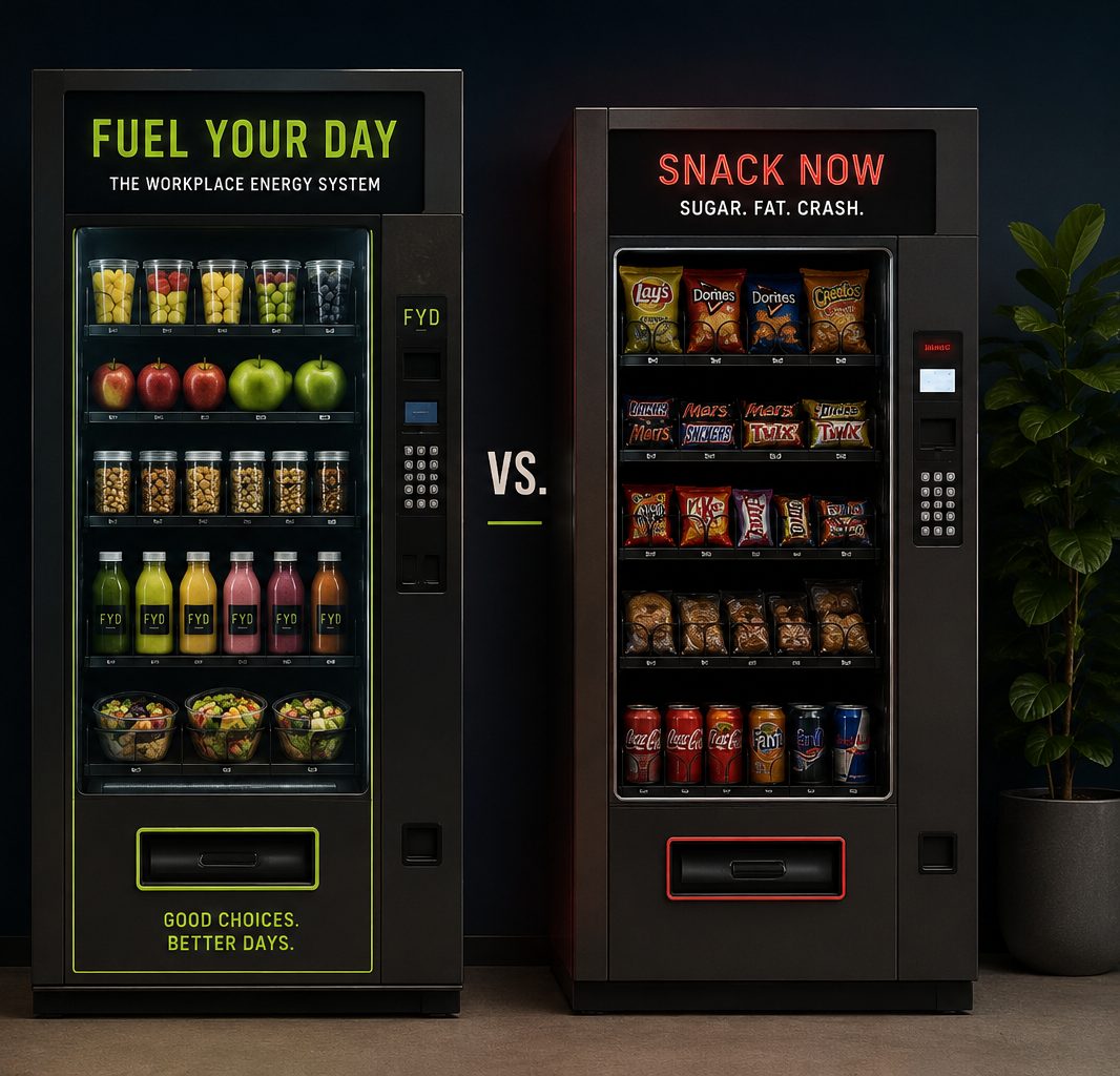 Fuel Your Day energie-automaat met vers fruit, noten, smoothies en salades naast een klassieke snackautomaat — de goede keuze, net zo makkelijk